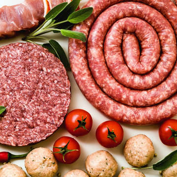 Homemade Italian sausage with other meats, ready to be cooked on the grill. Mediterranean recipes