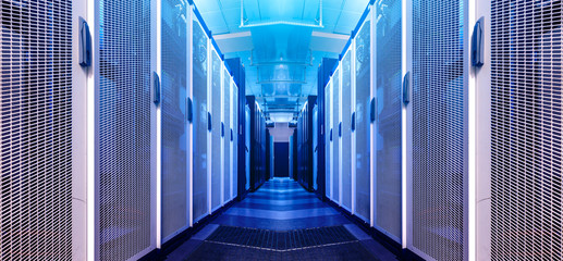 Art visualization corridor of data warehouse in warning red toning. Design web hosting technology...
