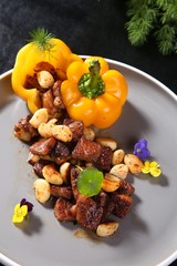 grilled meat with vegetables on white background