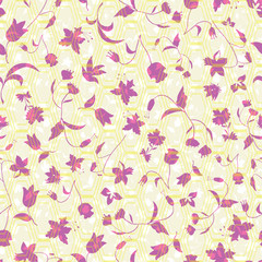 Vector illustration of stylized abstract florals layered with blended hexagons in lilac, yellow, purple, pink, cream and white. Seamless repeat pattern for gift, cards, scrapbooking, fabric, interior,