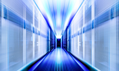 Art visualization corridor of data warehouse in neon fluorescent light. Design web hosting technology data center background. Futuristic graphic computer element.
