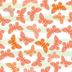 Hand drawn butterflies in hues of orange on subtly striped green and white water colour background. Seamless vector design. Great for wellbeing, baby, fabric, giftwrap, packaging, stationery, home