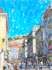 Obraz premium Cityscape of Lisbon district Baixa with its stores and houses. People walking around.