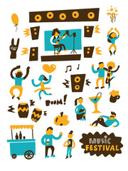 Music festival. Vector illustration of happy dancing and relaxing people.