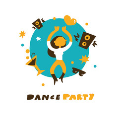 Hand drawn illustration of dancing girl. Dance party vector poster.
