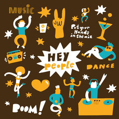 Hand drawn vector illustration of dancing people. Dance party concept. Hey people phrase.