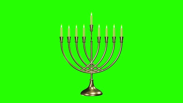 Movie of jewish holiday Hanukkah background with menorah (traditional candelabra) and burning candles. Green screen alpha
