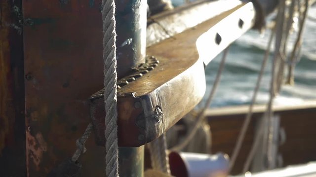 Close Up Old Wooden Gaff Jaws On Traditional Ketch Sailboat.