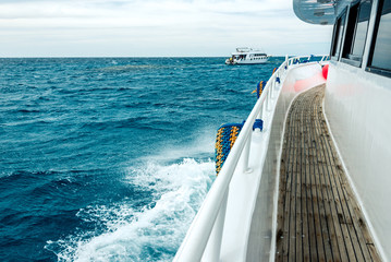 Beautiful view of the blue sea from the white ship. Horizontal frame