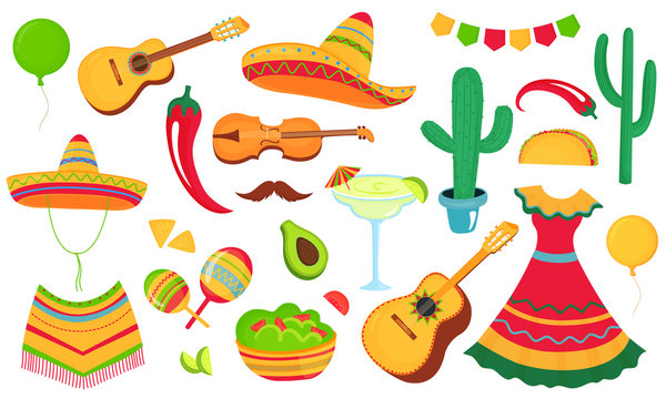 Cinco de Mayo. A large set of decorative elements for the design of a poster, banner, flyer, greeting card, advertising for the national Mexican holiday. Musical instruments, local food, clothing.