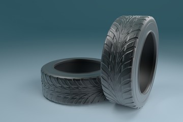 Car wheels tires set on blue background. For banner design poster. 3d realistic car tire illustration.