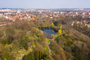 Aerial view of the lake in botanical garden in Kaliningrad, Russia