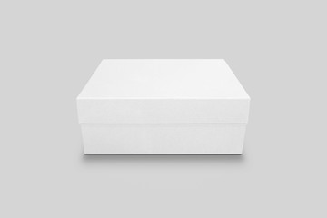 Realistic White Blank Shoe Box, isolated on soft gray background. Mock-up for your design.3D rendering.