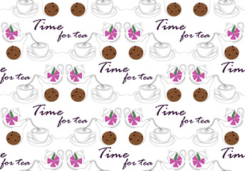 Time for tea. Seamless one line drawing pattern. Vector illustration.