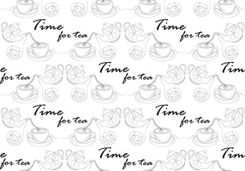 One line seamless pattern. Time for tea. Vector illustration.