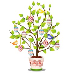 Artificial Easter plant with hanging decorated eggs and birds isolated on white background. Vector cartoon close-up illustration.