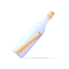 Message in transparent bottle. Rolled paper in bottle closed with cork. Can be used for topics like pirate, sos, tourism