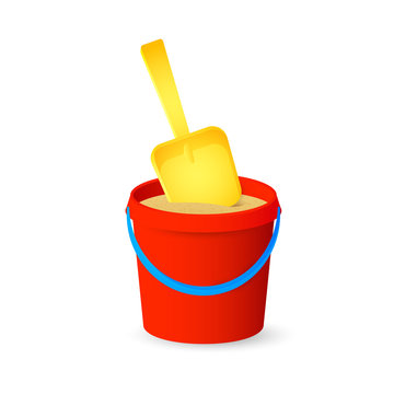 Plastic bucket with sand. Kids toys for sandbox. Can be used for topics like childhood, game, leisure