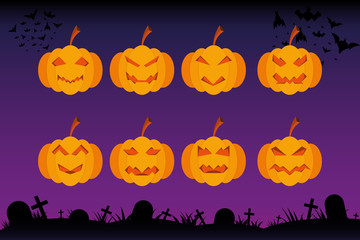 Set of spooky pumpkin in different face with grave on background.vector and illustration