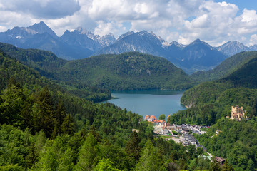 Mountain landscape in the Bavarian Alps with village Hohenschwangau, Bavaria, Germany. Sunny summer day.