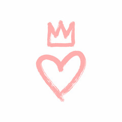 Heart and crown drawn by hand with a rough brush. Sketch, grunge, watercolor, paint, graffiti.