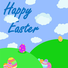 Fototapeta na wymiar Funny and Colorful Happy Easter greeting card with illustration of eggs and text