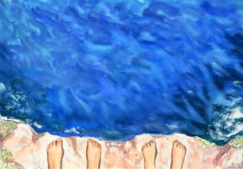 The view from the height of the cliff at the sea waves. Feet men and women. Blue watercolor summer background.