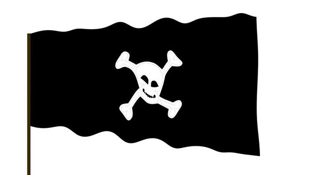 Pirate waving black flag with image of human skull isolated on white background. Isolated waving pirate flag. Cartoon symbol illustration.