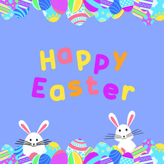 Funny and Colorful Happy Easter greeting card with rabbit, bunny illustration,eggs, banner,flag and text