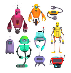 Colorful robots set. Engineering and inventions collection. Can be used for topics like electronics, innovation, artificial intelligence