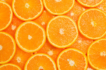 Slices of oranges as a background, top view.