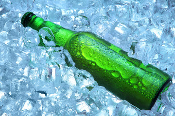 Bottle of beer in ice cubes.Closeup.Green bottle.Hot Summer fresh drink.Copy space