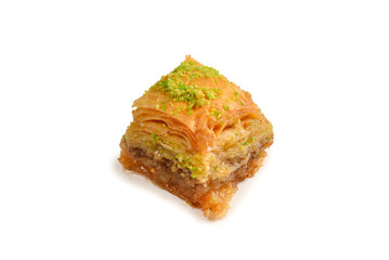 Pistachio baklava on a white background. Dessert.