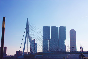 The famous Erasmus Bridge amidst the mist on a late autumn day in Rotterdam, Holland, the Netherlands