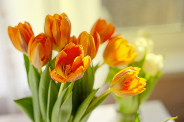 Two vases of spring tulips on the table