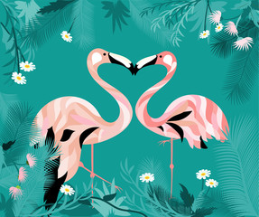 Frame with flamingo, leaves and flowers. Summer illustration.