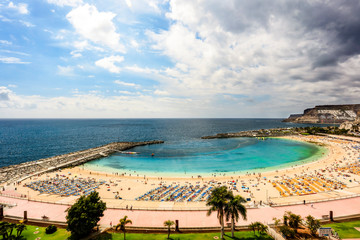 Table background of free space and beach background. 