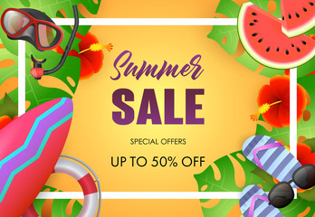 Fototapeta na wymiar Summer sale bright poster design. Sunglasses, tropical leaves, surfboard, diving mask and text in frame on yellow background. Vector illustration can be used for banners, flyers, ads