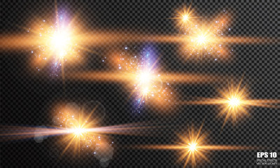 Vector illustration of abstract flare light rays. A set of stars, light and radiance, rays and brightness. Glow light effect. Vector illustration. Christmas flash Concept