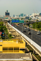 Cityscape and transportation with expressway and traffic in daytime from skyscraper of Bangkok. Bangkok is the capital and the most populous city of Thailand., April 2019