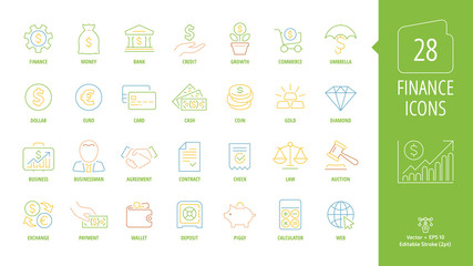 Business and finance editable stroke color line icon set  with money, bank, piggy, credit, exchange, deposit, web, law, dollar, euro, coin, card, currency, handshake and more outline thin symbols.