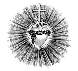 Obraz premium Vintage Vector Drawing or Engraving of Grunge Antique Illustration of Christian Heart with Cross, Flames and Crown of Thorns