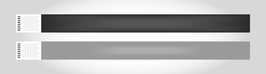 Vector set of two cheap empty bracelet or wristband in gray and black color. Sticky hand entrance event paper bracelet isolated. Template or mock up suitable for various uses of identification.