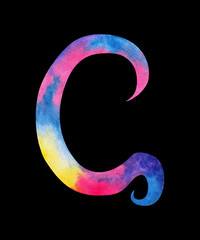 Hand painted watercolor english letter G whit gentel pink, blue, purple and yellow splashes