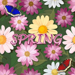 Floral seamless texture. Flowers and leaves on a dark background.