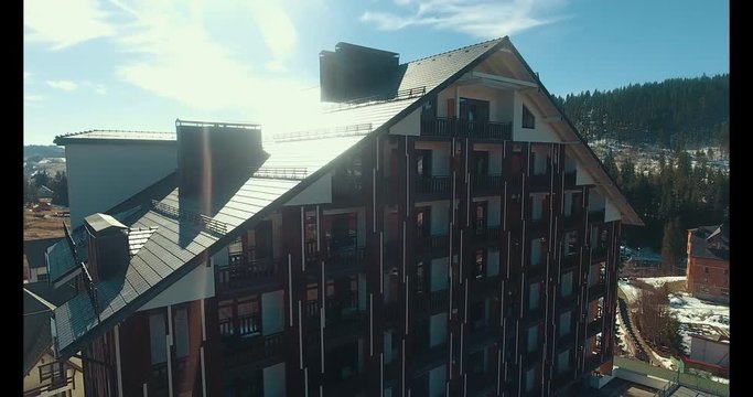 Aerial Photography. Beautiful View Of The Five-Star Hotel Against The Background Of Beautiful Mountains From The Air. Prores