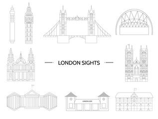 Set of London sights. Vector illustration of England places of interest. Symbols of London city. Vector line drawing. Geometric flat illustration