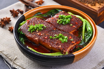 grilled beef steak with vegetables on white plate