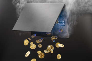 Concept of mining cryptocurrency, Bitcoins generated from steaming laptop