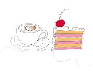 Cake and cup of coffee. One line drawing.